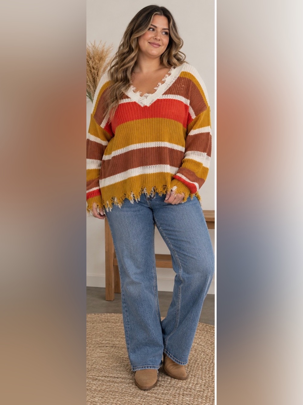 Full Circle Trends Long Sleeve Wide Striped V-Neck Frayed edge Sweater